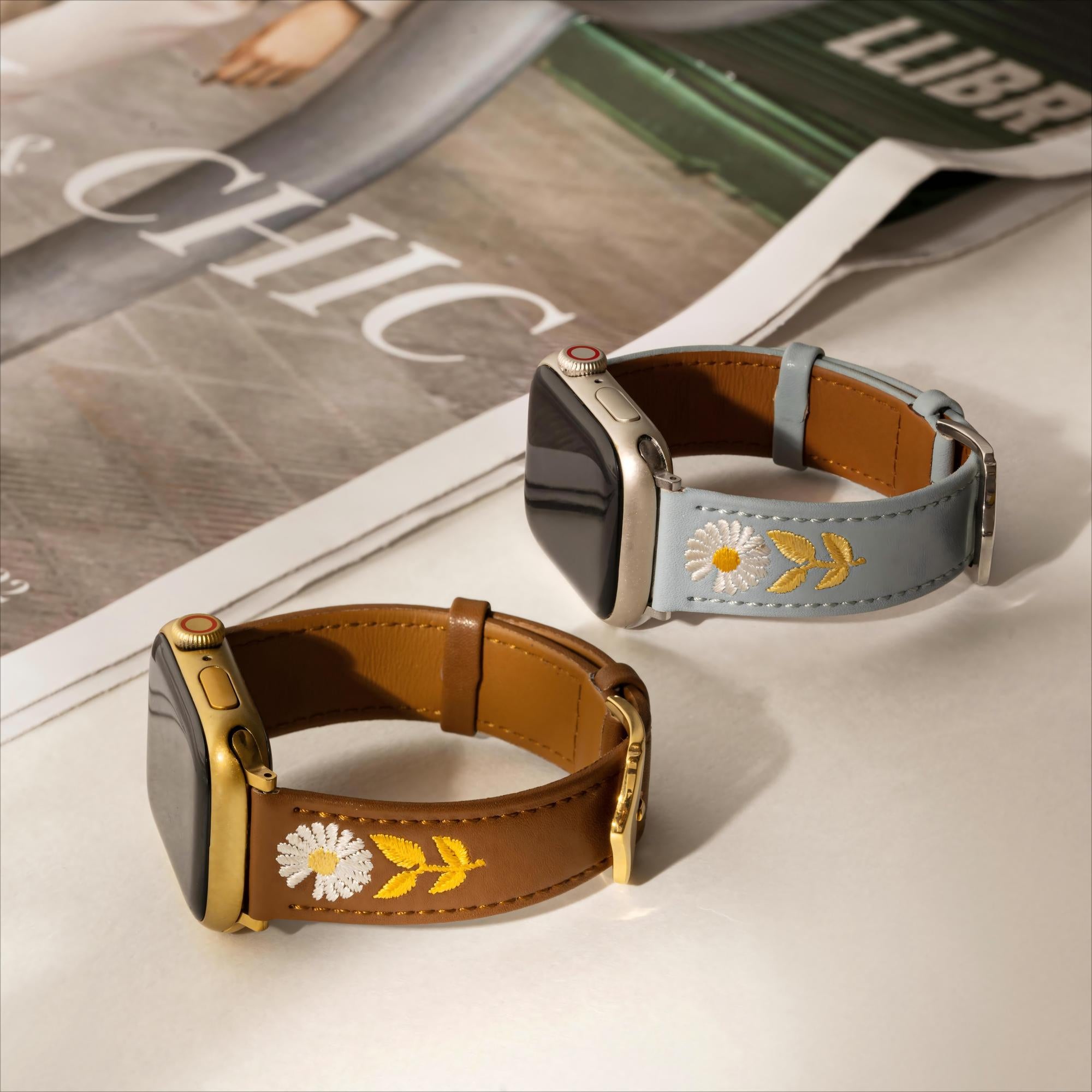 Besticktes Gänseblümchen-Lederarmband für Apple Watch