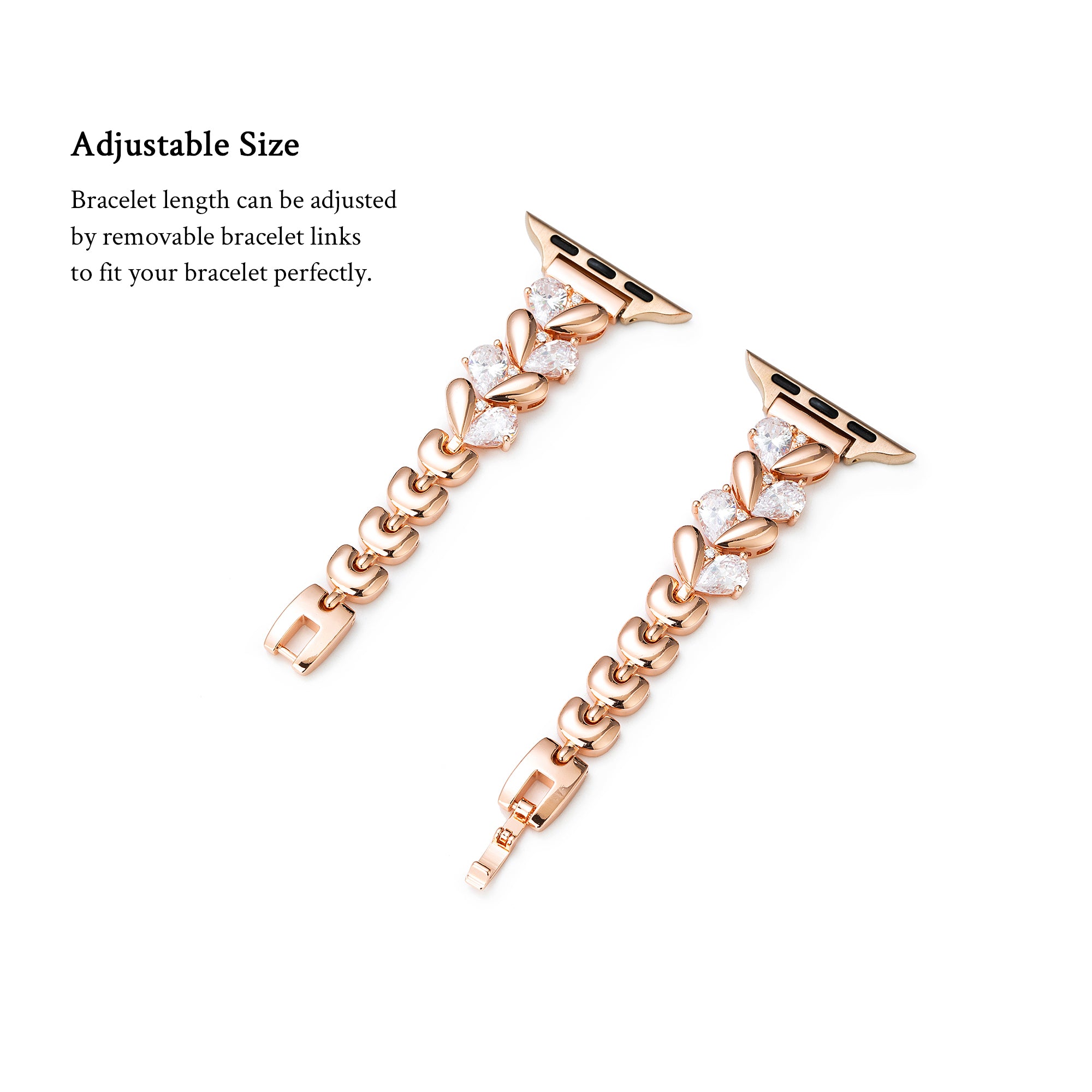 Love-inspired Apple Watch band with rhinestone hearts and copper metal construction