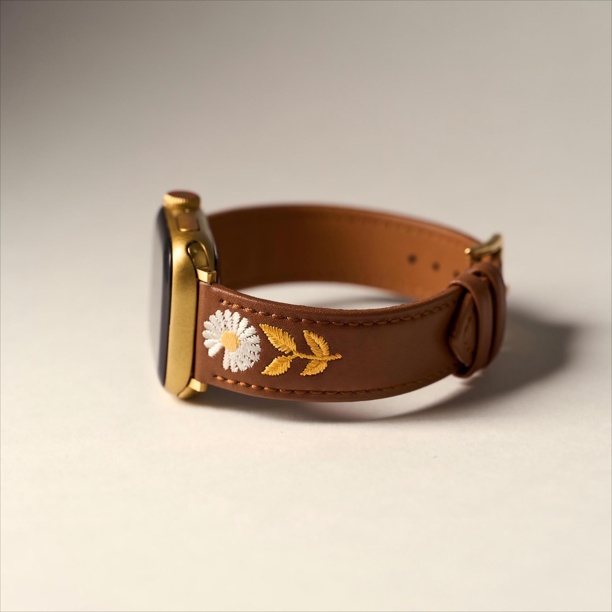 Besticktes Gänseblümchen-Lederarmband für Apple Watch