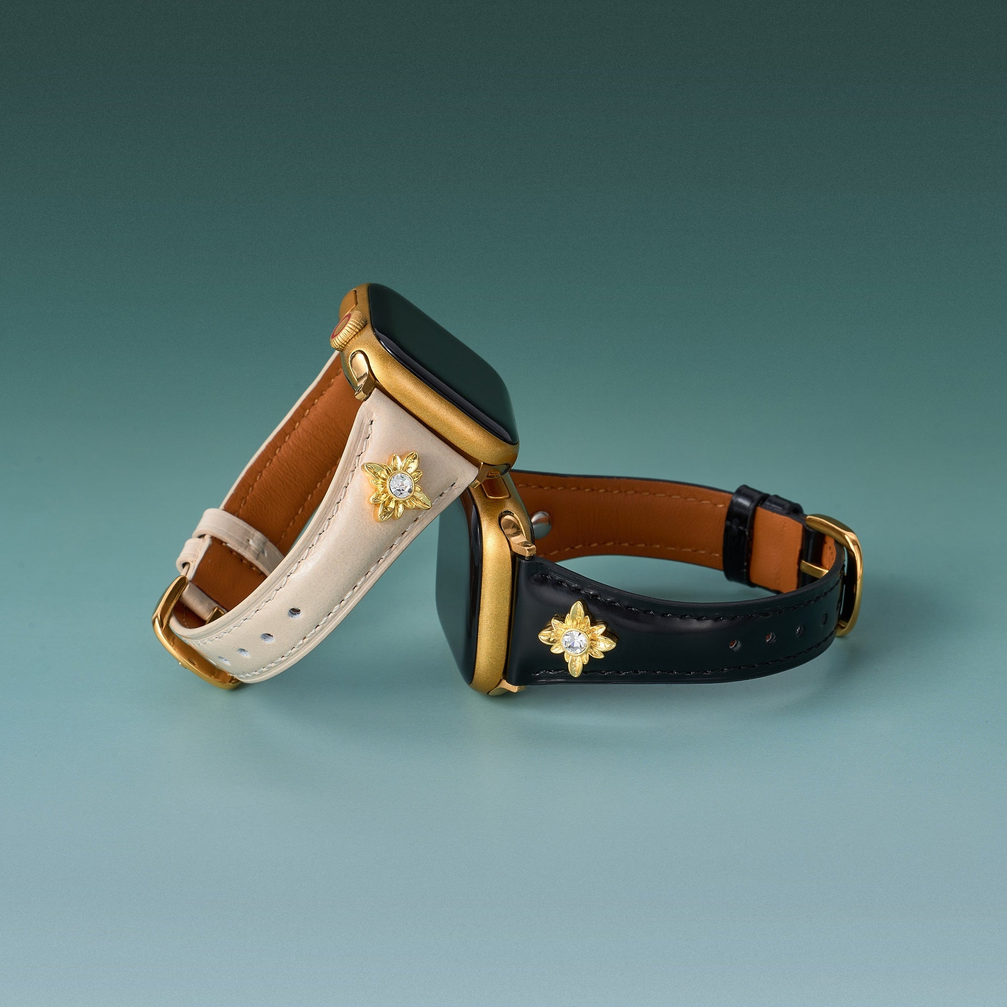 14ct Gold / Platinum Plated Floral Accent Leather Watch Band