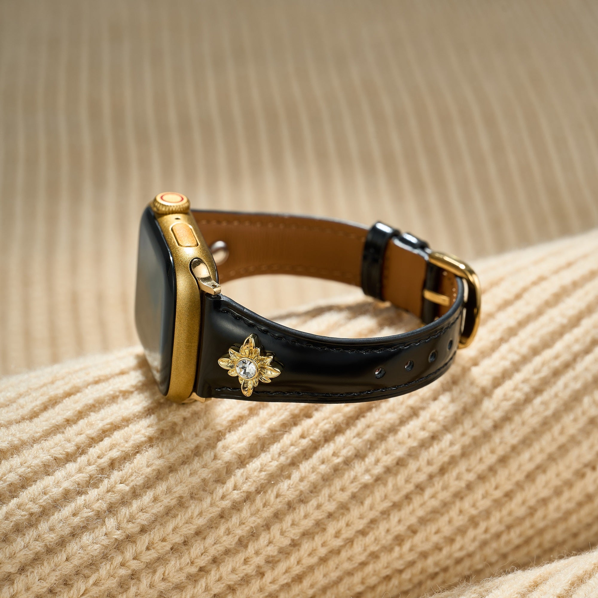 14ct Gold / Platinum Plated Floral Accent Leather Watch Band