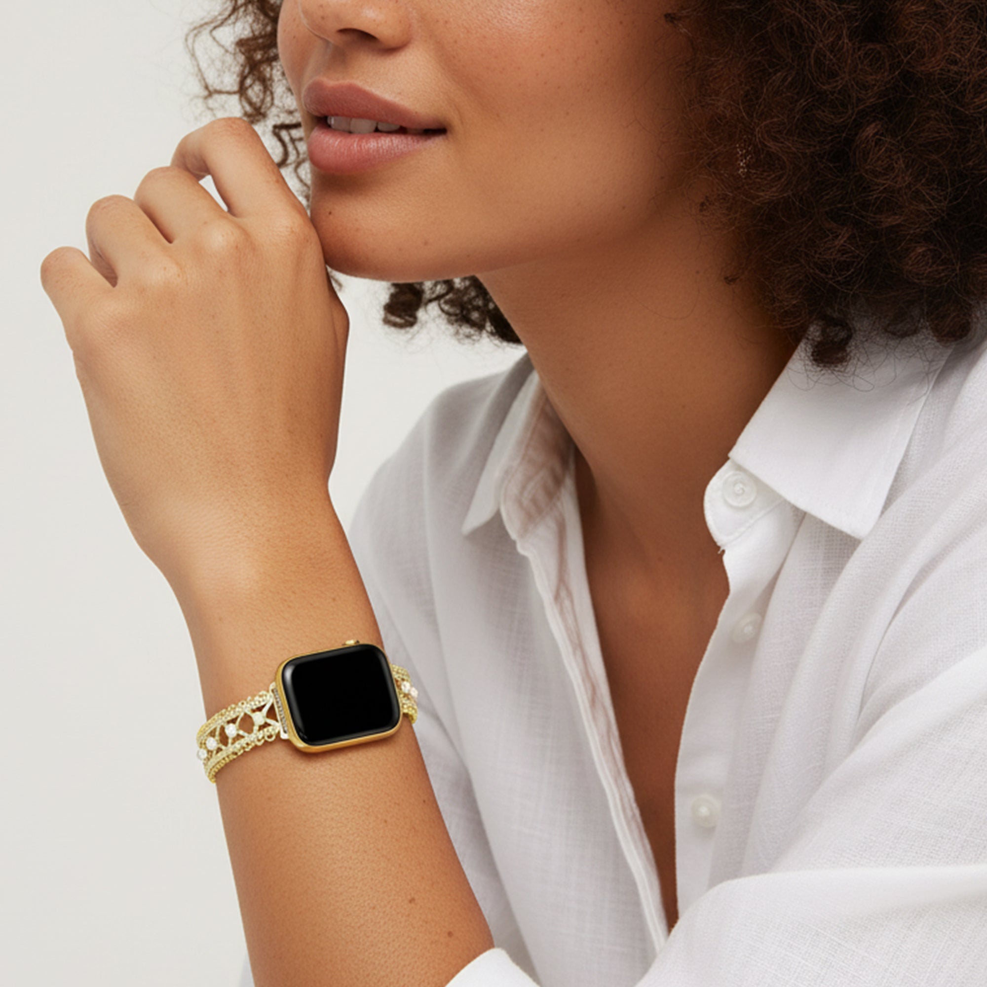 Fitbit用レディース レース風パールウォッチバンド