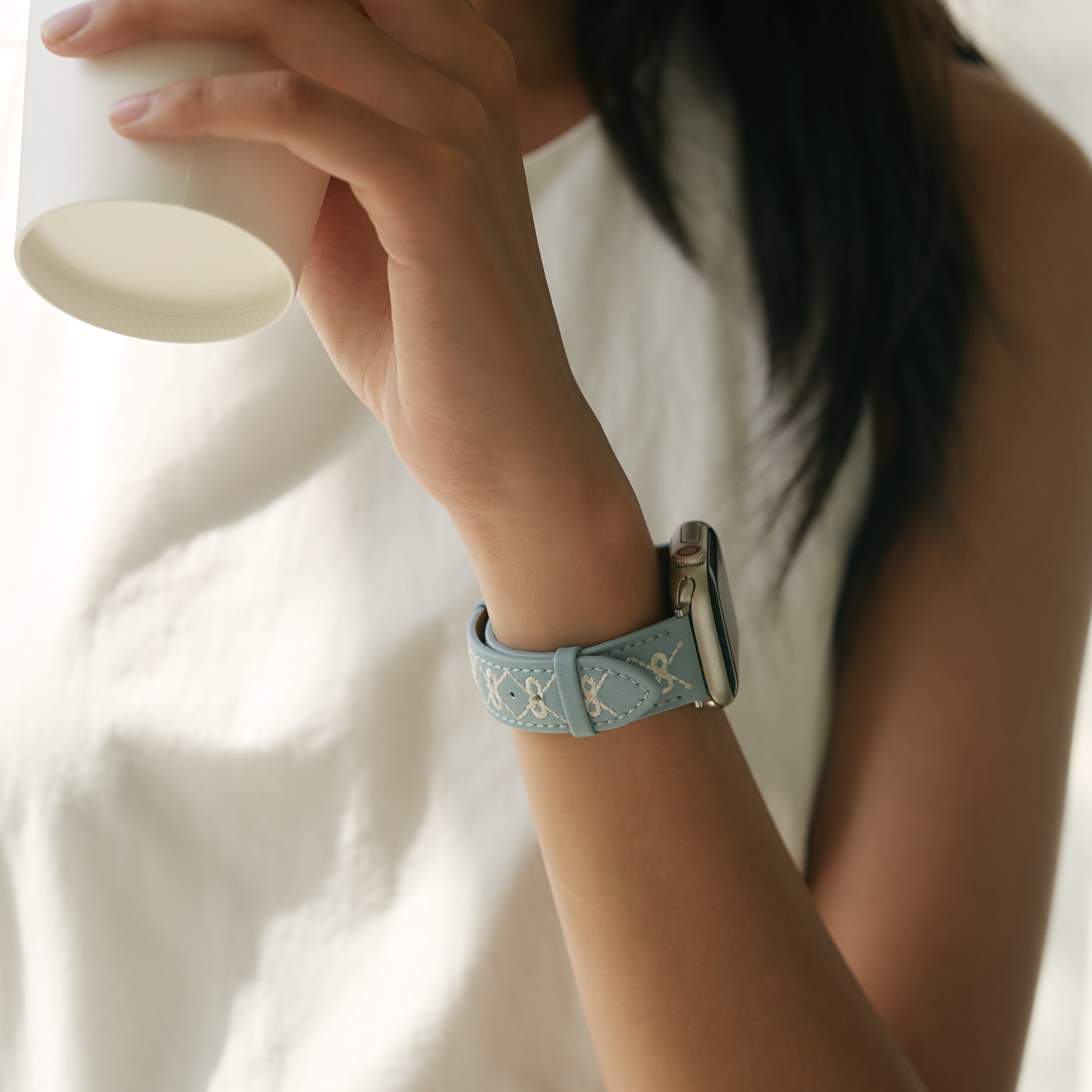 レディース 刺繍入り リボンレザー ウォッチバンド Apple Watch用